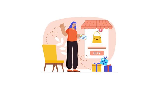 Animated woman shopping online with credit card and buy button
