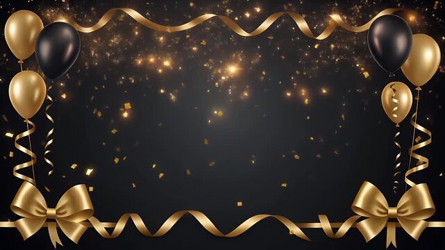 Floating Gold and Black Balloons with Ribbons in Dark Celebration Setting
