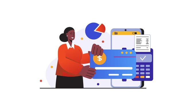 Black woman holding credit card beside smartphone payment illustration