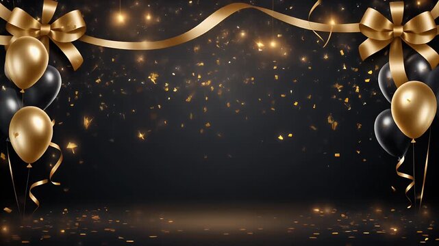 Floating Gold and Black Balloons with Glitter Confetti in Dark Celebration Setting