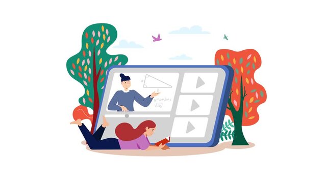 Online learning animation with teacher and student on a large tablet