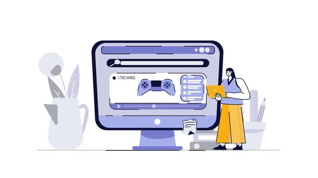 Gaming streamer woman with laptop beside desktop monitor illustration
