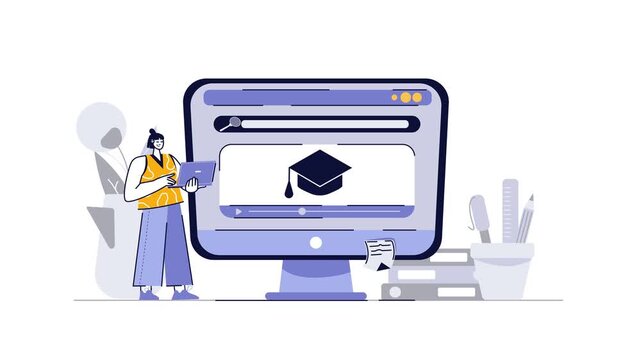 Woman using laptop beside online learning screen with graduation cap