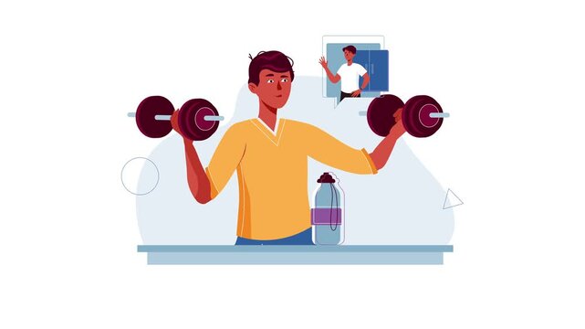 Young man lifting dumbbells at home with trainer in thought bubble
