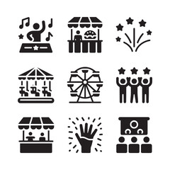 Naklejka premium Carnival and festival icons featuring rides music and celebratory elements