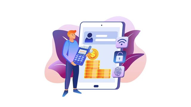 Animated online payment security illustration with man and smartphone