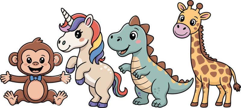 Cute cartoon animal character set including monkey unicorn dinosaur and giraffe vector illustrations for kids nursery and educational design.