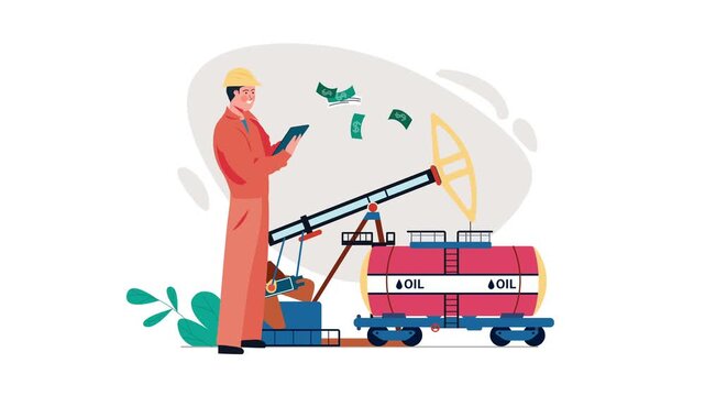 Animated oil industry worker with pumpjack, barrel and flying money