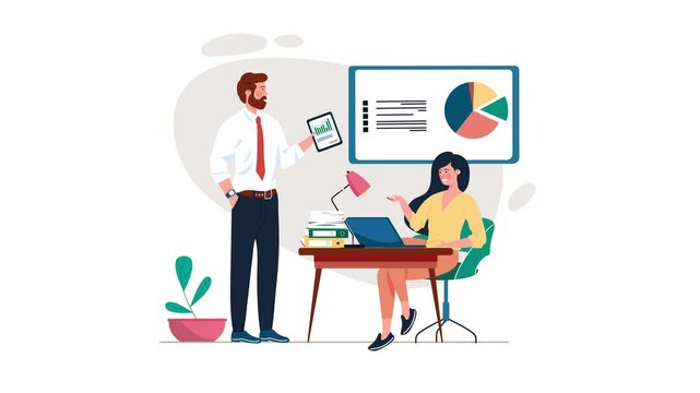 Animated business team presenting analytics in modern office workspace