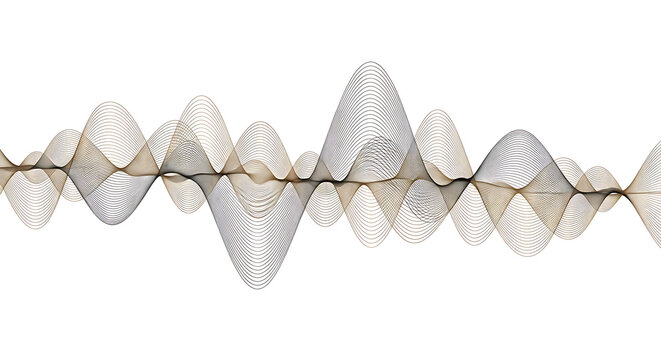 Abstract golden wave made of digital particles and dots on white background representing audio frequency, sound vibration, technology data flow, and modern electronic signal visualization tech