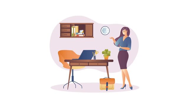 Animated office workspace with businesswoman, desk, laptop and briefcase