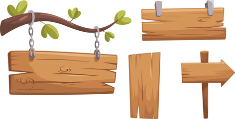 Wooden signboard set with hanging board, arrow direction sign and rustic planks, cartoon style wooden signs isolated for UI, game and design © Evelyn