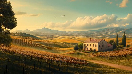 Obraz premium A serene vineyard landscape with a rustic house surrounded by rolling hills and rows of grapevines under a partly cloudy sky