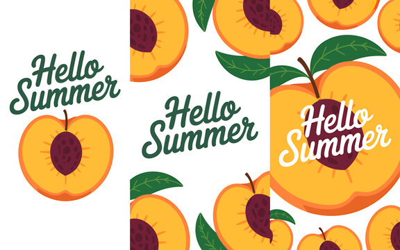 Hello Summer peach fruit pattern with green leaves and text