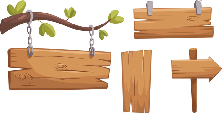 Wooden signboard set with hanging board, arrow direction sign and rustic planks, cartoon style wooden signs isolated for UI, game and design