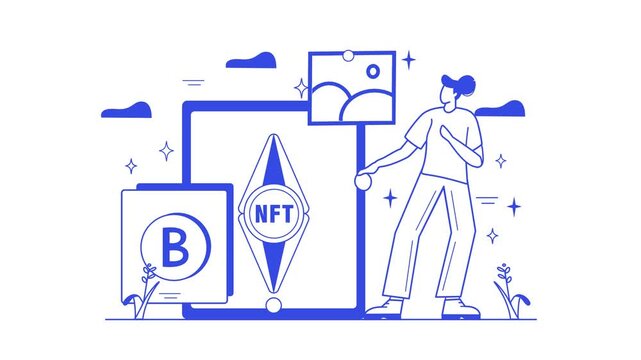 Animated woman presenting NFT digital art concept in blue line illustration