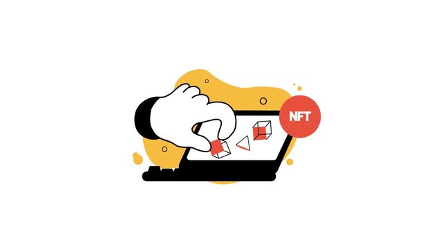 NFT token minting on laptop with hand and digital collectible animation