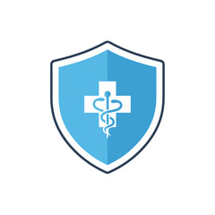 Fototapeta premium Light Blue Shield with Dark Blue Medical Cross and Caduceus Symbol, Healthcare Protection Logo on Isolated White Background