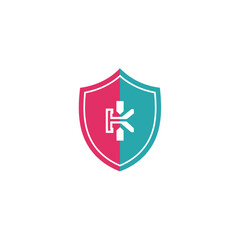 Obraz premium Pink and teal abstract 'K' letter shield logo design, symbolizing personalized protection on isolated white background.