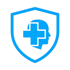 Fototapeta premium Blue medical shield logo with human head profile and healthcare cross, symbolizing mental health and protection on isolated white background.