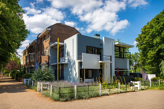 UTRECHT, NETHERLANDS - JUNE 29, 2025: External view of the Rietveld Schr&ouml;der House. This UNESCO site is a famous example of De Stijl architecture designed by Gerrit Rietveld in 1924.