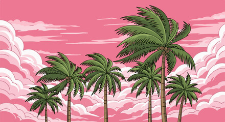 Obraz premium Vibrant pixel art depicts palm trees swaying against a bright pink sky