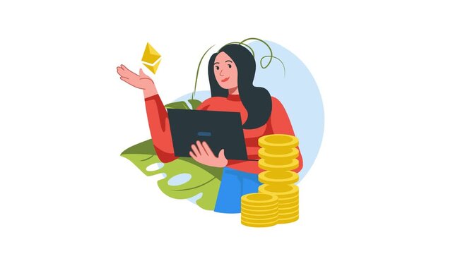 Woman tracking cryptocurrency profits with laptop and coin stacks