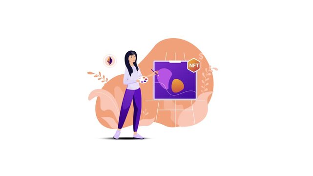 Female digital artist creating NFT artwork on easel in animated illustration