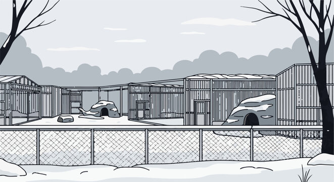 A monochromatic winter zoo scene with animal enclosures under a cloudy sky
