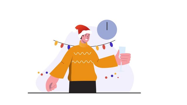 Festive man in Santa hat holding champagne at holiday party animation