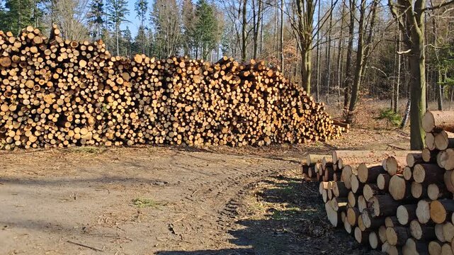 Pile of wood logs stored on parking area after logging waiting for transport by trucks
