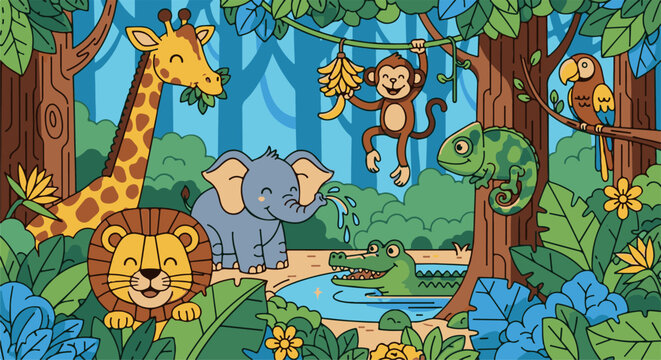 A whimsical jungle scene features a variety of cartoon animals amidst lush foliage