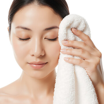 Young Asian woman gently patting her face with a white towel  
