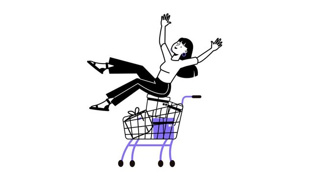 Playful animated woman falling from shopping cart with Wow text