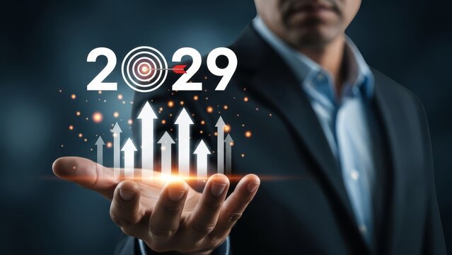Businessman in a suit displays an open hand with bright upward arrows and the 2029 target.
