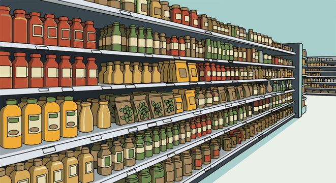 Rows of packaged goods and jars on store shelves