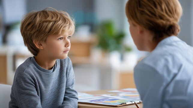 Wide bright speech therapy session of a faceless child from behind seated at a table with visual communication cards and a therapist's clipboard visible, defocused background,