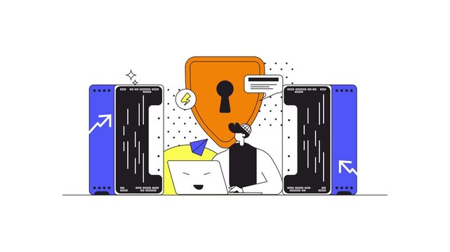 Animated cybersecurity concept with shield, hacker and server network