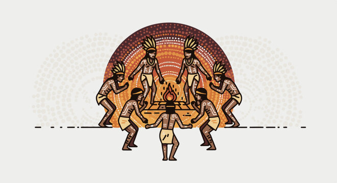 Indigenous people in traditional attire dance around a ceremonial fire under a sun-like arch