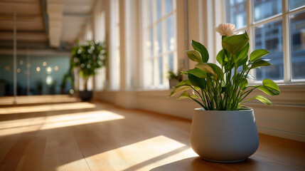 Fototapeta premium Bright wellness space with natural light and clean minimal design, health and wellbeing environment concept, defocused background, with copy space