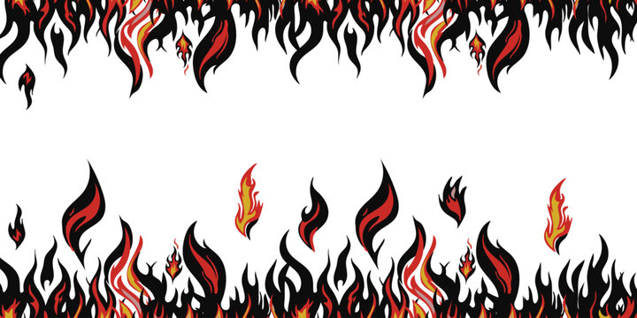 Black and Red Fire Border Vector Graphic with Central Copy Space, Dual Burning Flame Silhouettes Frame on White, Cartoon Style