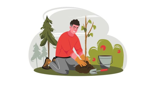 Animated man planting a young tree in garden with bucket and trowel