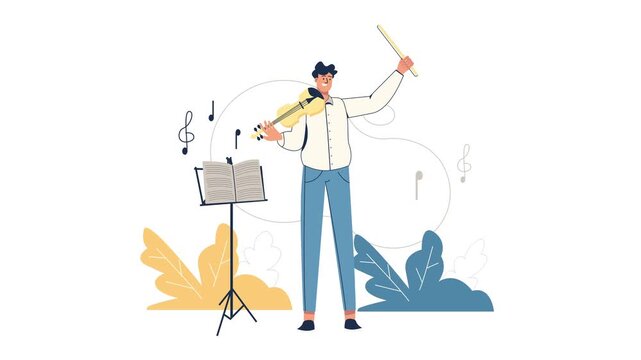 Animated violinist performing beside music stand with floating notes