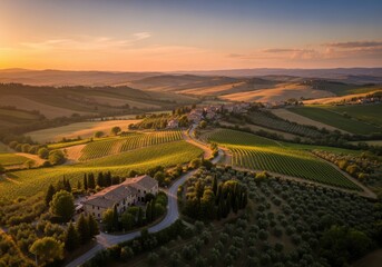 Obraz premium Aerial sunrise over lush vineyard valley with winding road in golden light