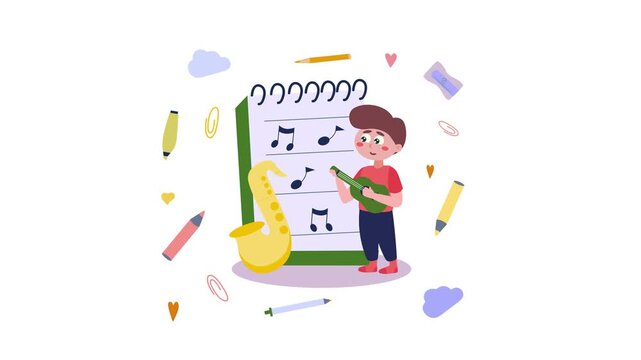 Animated boy playing ukulele beside music notes and saxophone illustration