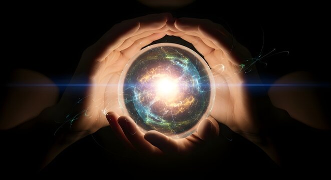 A pair of human hands holding a glowing crystal ball containing a swirling nebula of stardust