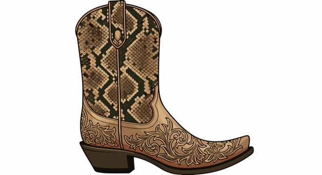 Detailed leather cowboy boot with snake pattern and ornate floral stitching