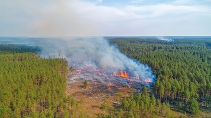 Fototapeta premium A large forest fire rages, sending thick plumes of smoke into the sky amidst a dramatic lighting effect over a scorched landscape.