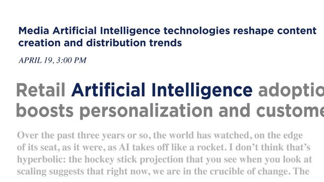 Artificial Intelligence in Global News Headlines Loop. Loopable animation showcasing Ai featured in global news headlines across international media. 4K Video Animation.
