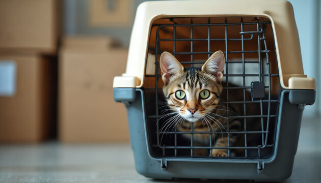 Tabby cat with green eyes looks from pet carrier, suggesting safe animal transport. Boxes in background imply relocation or travel. Focus on responsible pet care during movement.